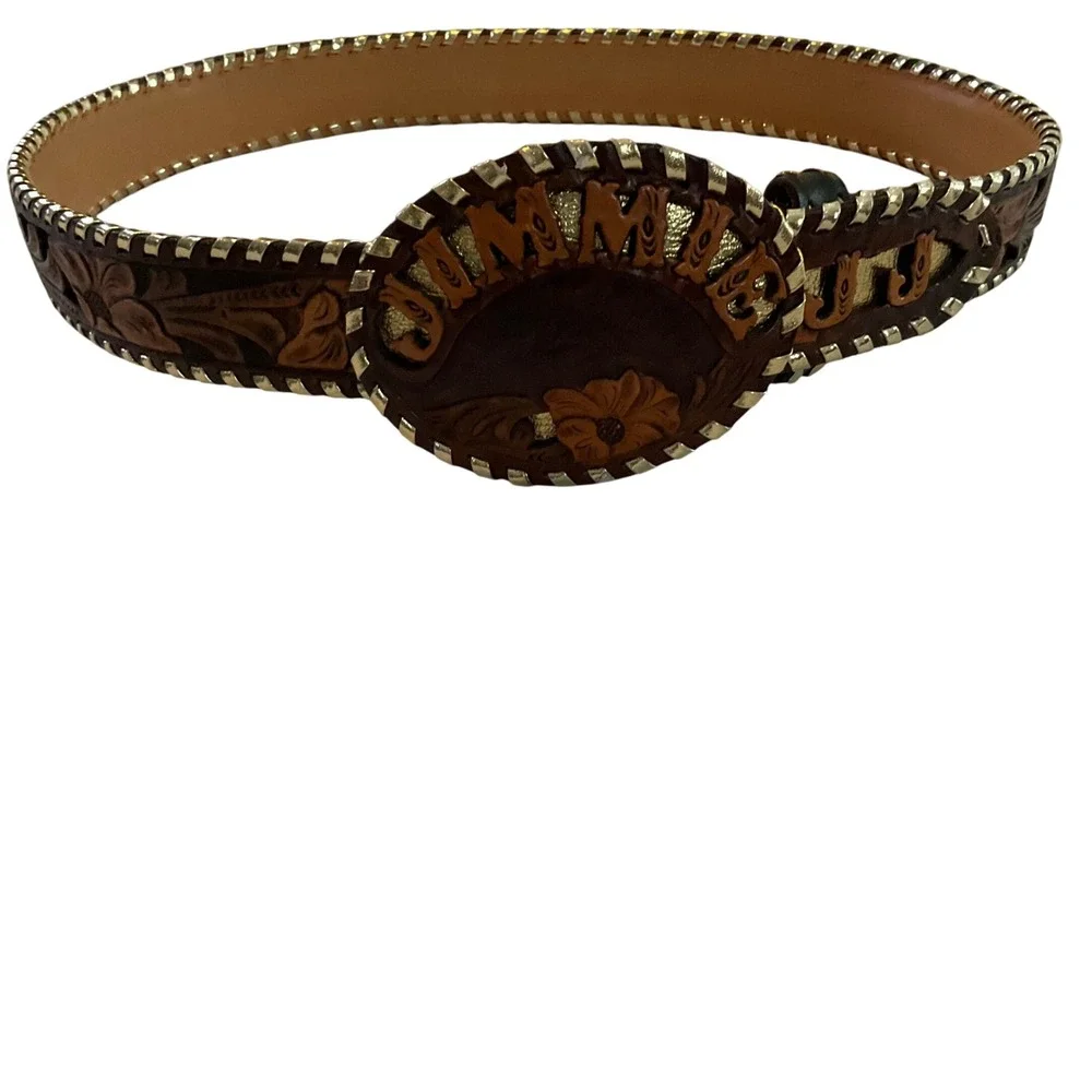 Hand Tooled Western Leather Belt Jimmie JU Brown‎ Gold Floral Cowboy Rodeo Men